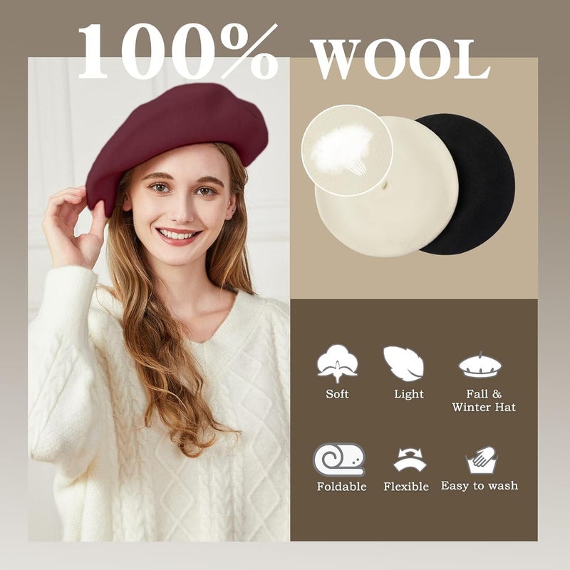 recapitula XXL 100% Wool French White Beret Hats for Women Man Painter hat Classic Painter's Hat Girl Solid Color Classic - Image 2